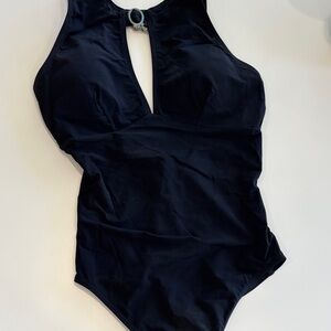 Black bathing suit with stone  design on neck line Size 10
